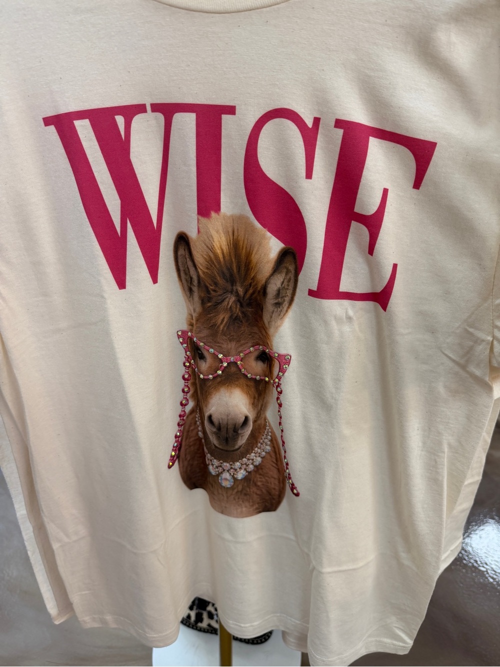Gildan Cream Womens Top with Pink "WISE" Donkey Graphic